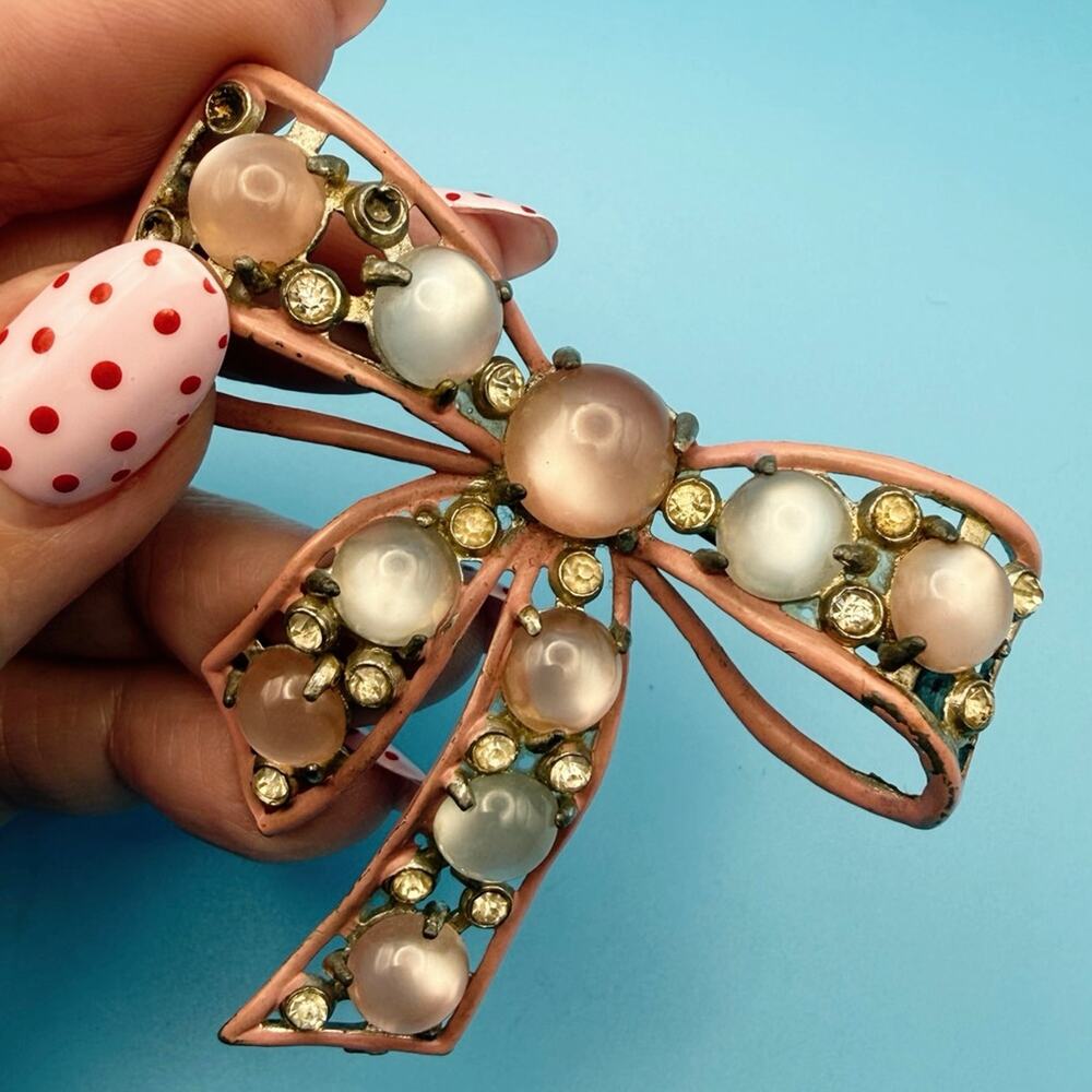Vintage Pot‑Metal Bow Brooch • Faux Moonstones • Matte Pink • 2.75”